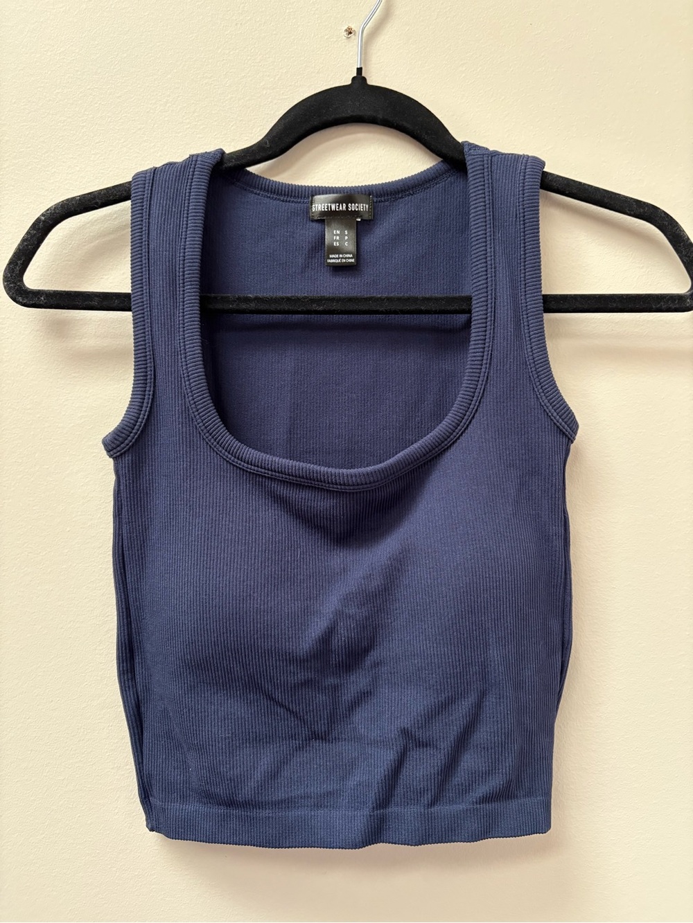 Streetwear Society Navy Ribbed Cropped Tank with Built-in Padding